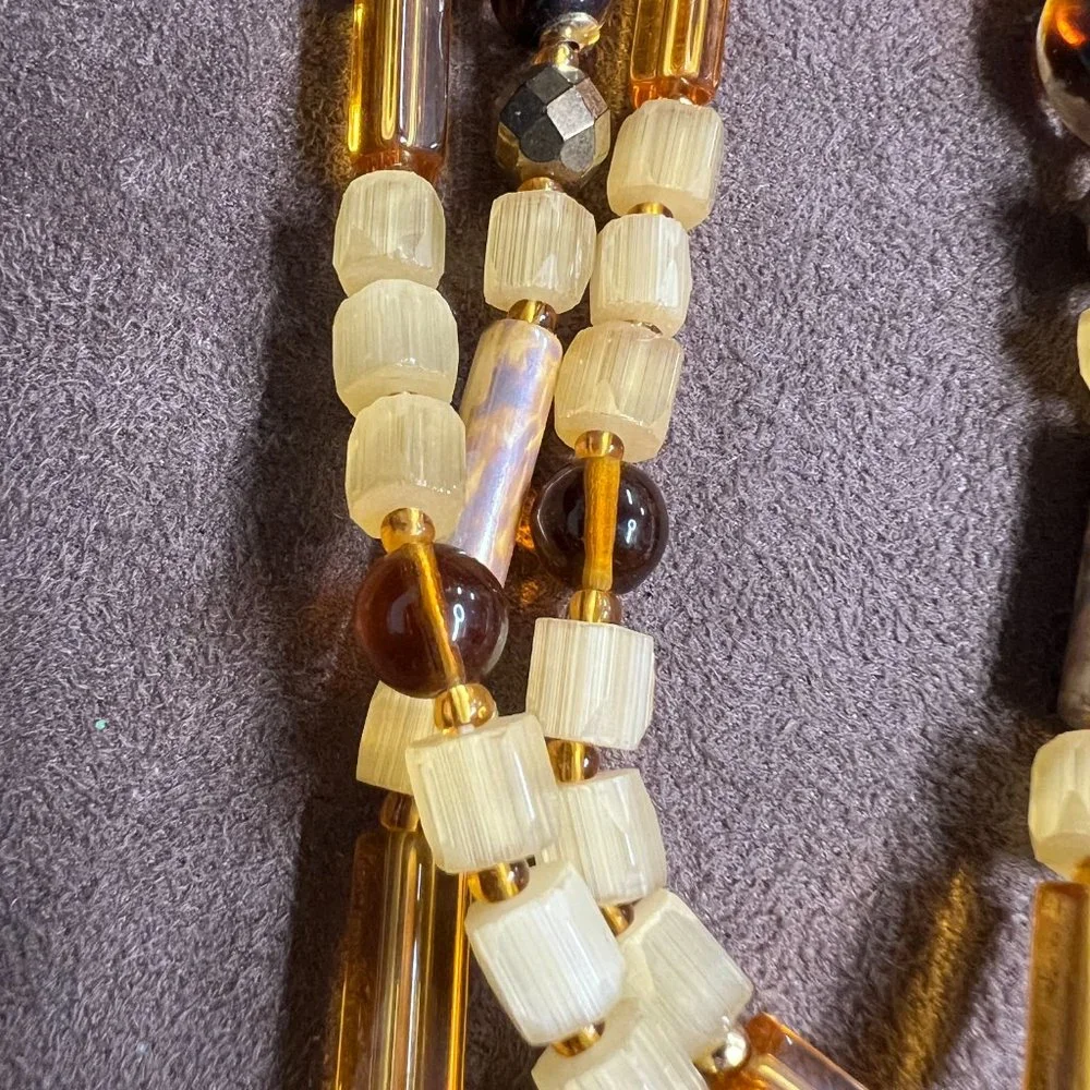 Vintage Amber Square Beads Multistrand Necklace